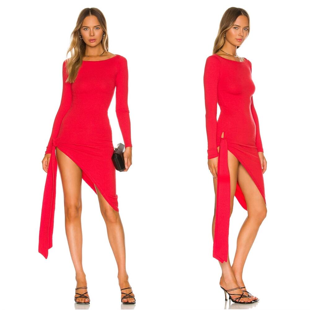 NBD Solana Dress Red Knit Midi Asymmetrical High Cut Hem Sz XS **NO TIE